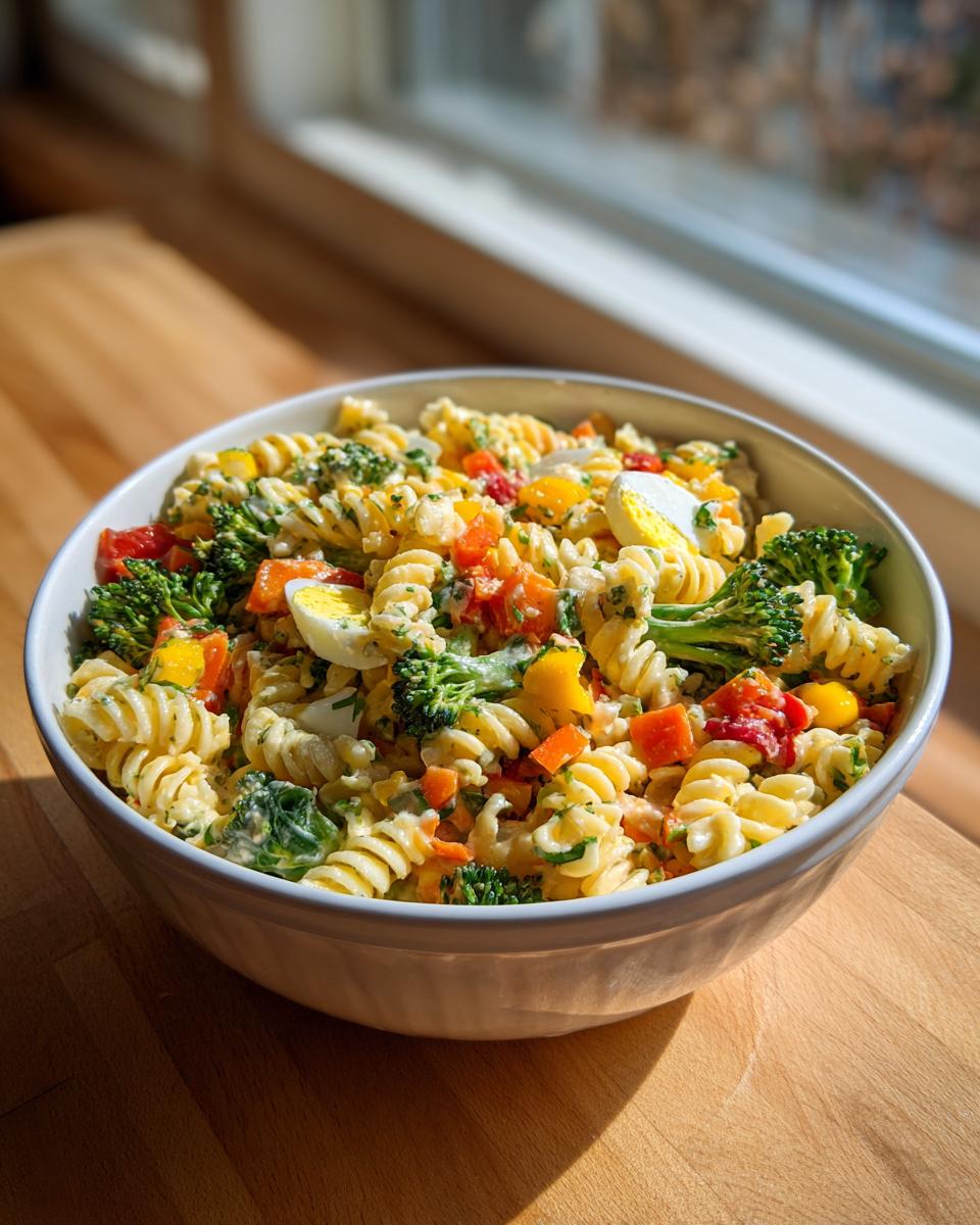 A bowl of pasta salad easter with vegetables and sliced hard-boiled eggs.