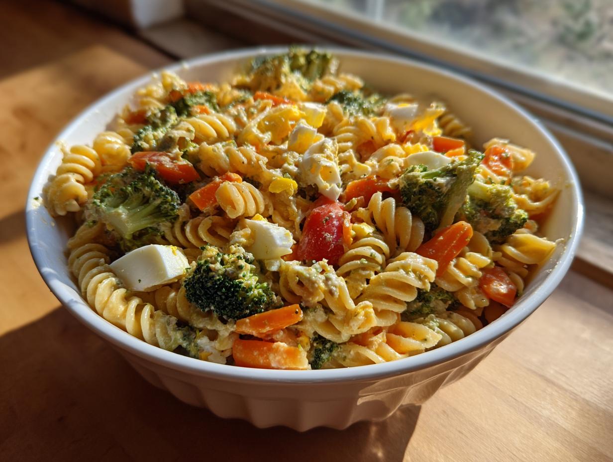 A vibrant pasta salad with broccoli, carrots, and eggs, perfect for an Easter celebration. Featuring the pasta salad easter.