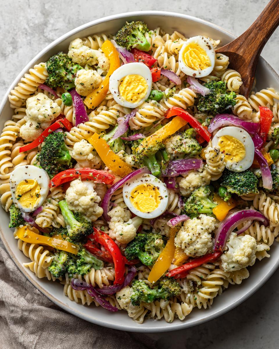 Overhead shot of a vibrant pasta salad Easter dish with vegetables and eggs.