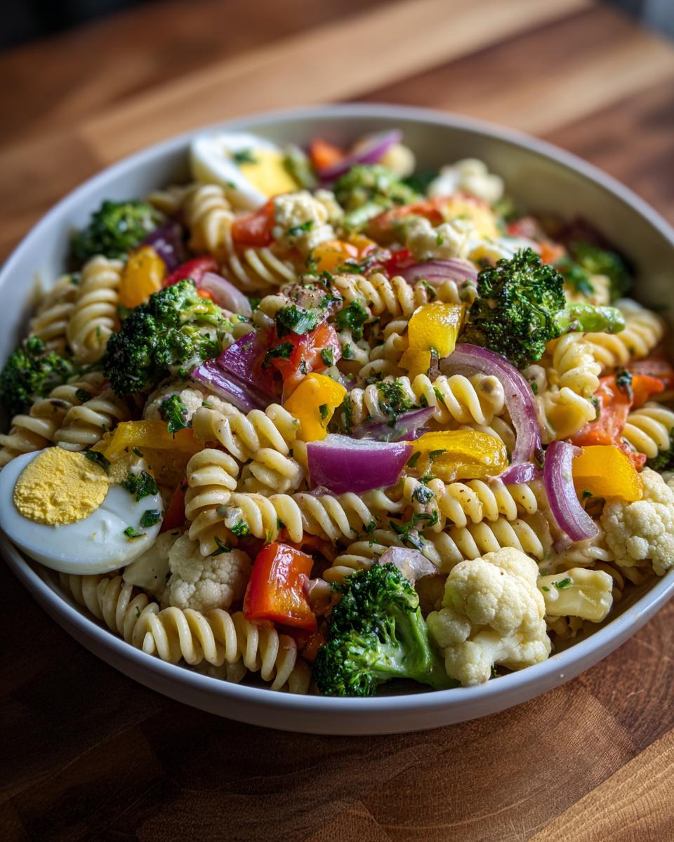 Close-up of a vibrant pasta salad with vegetables and eggs, perfect for Easter.