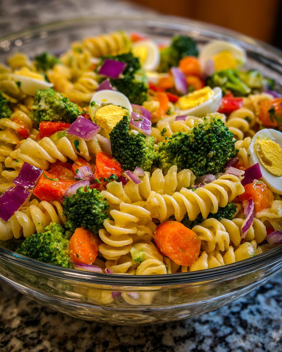 Close-up of a pasta salad easter with rotini pasta, vegetables, and hard-boiled eggs.