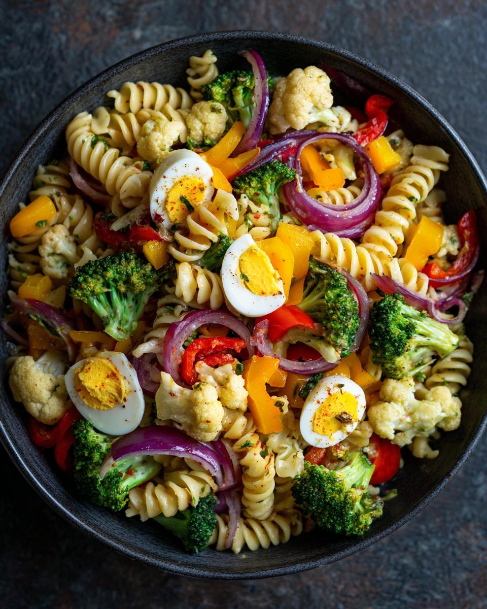 Overhead shot of a pasta salad Easter dish with rotini pasta, vegetables, and eggs.
