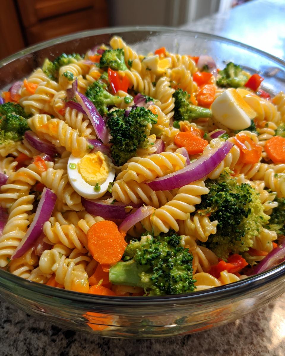Close-up of a pasta salad Easter dish with pasta, broccoli, carrots, red onion, and eggs.