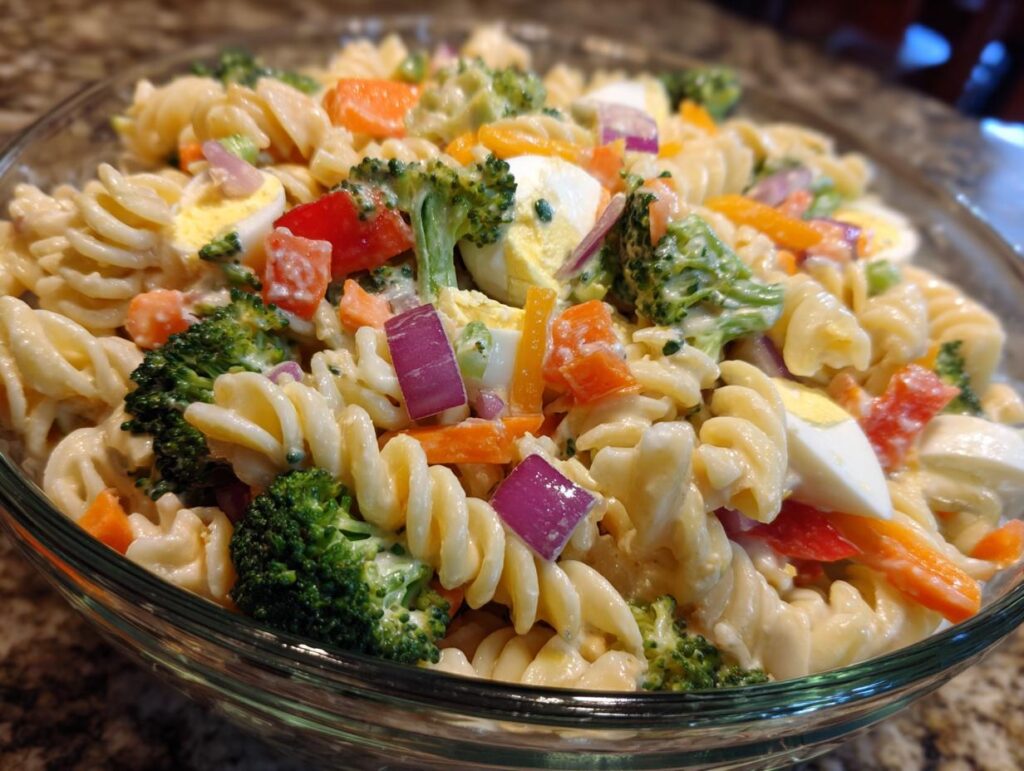 Close-up of a pasta salad Easter dish with rotini pasta, vegetables, and eggs.