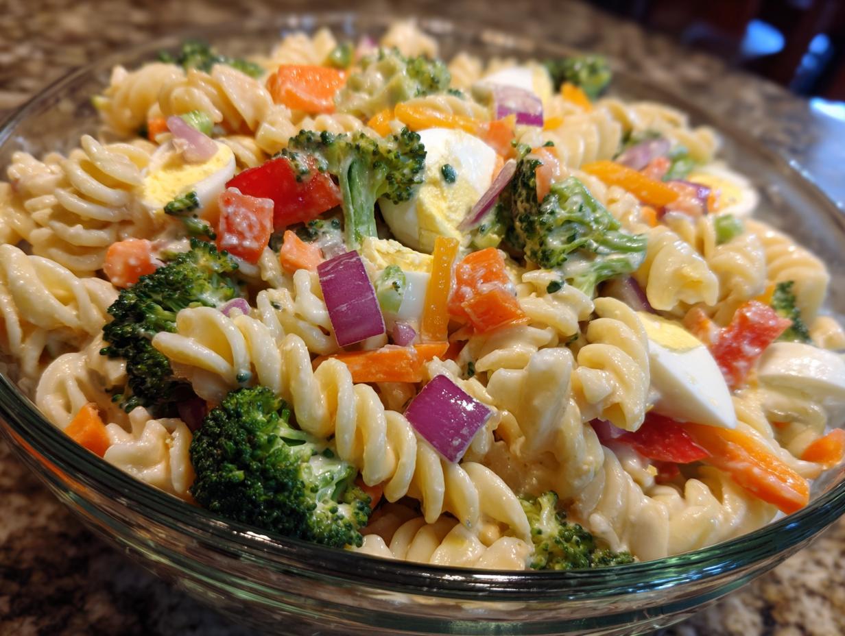 Close-up of a pasta salad Easter dish with rotini pasta, vegetables, and eggs.