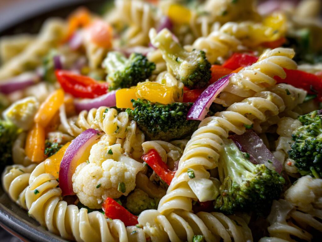 Close-up of a colorful pasta salad Easter with fusilli pasta, broccoli, peppers, and onions.
