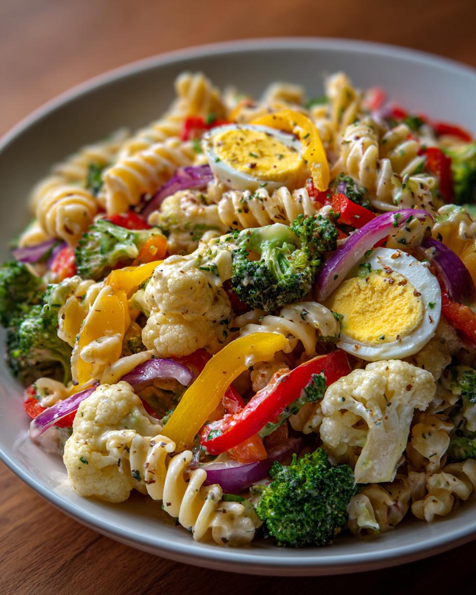 Close-up of a colorful pasta salad Easter with rotini pasta, vegetables, and hard-boiled eggs.