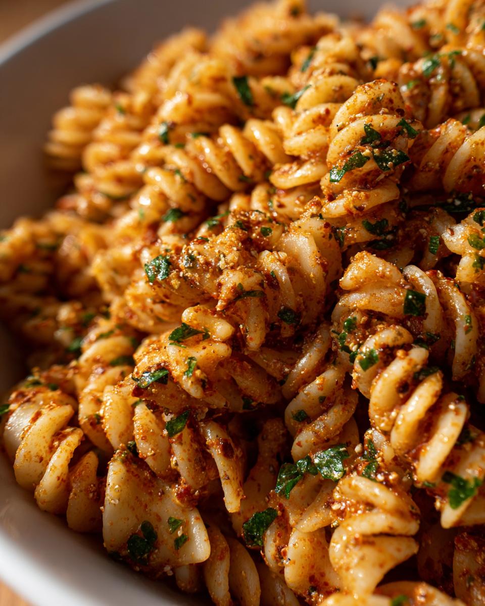 Close-up of pasta salad easy with fusilli pasta, herbs, and sauce.