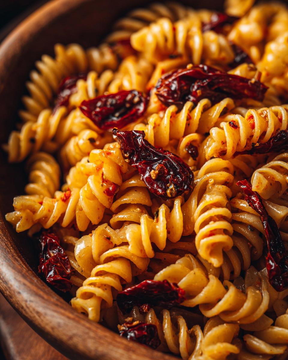 Close-up of pasta salad easy with sun-dried tomatoes in a wooden bowl.