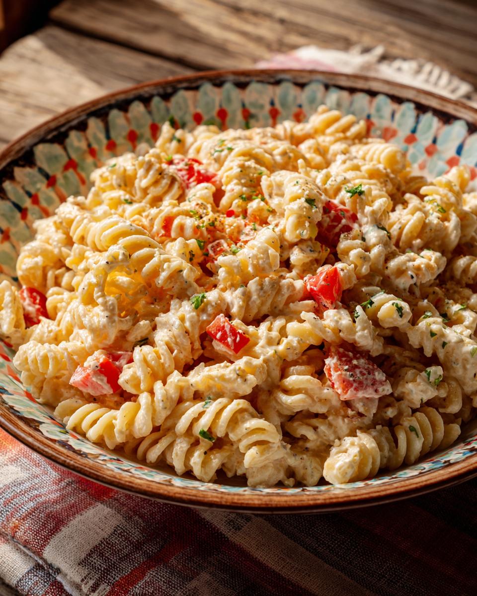 Close-up of a bowl of creamy pasta salad easy with tomatoes and herbs.