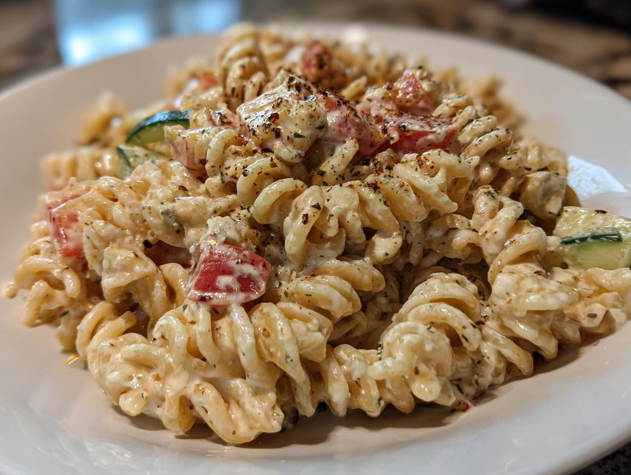 Close-up of a creamy pasta salad easy with tomatoes, cucumbers, and herbs on a white plate.