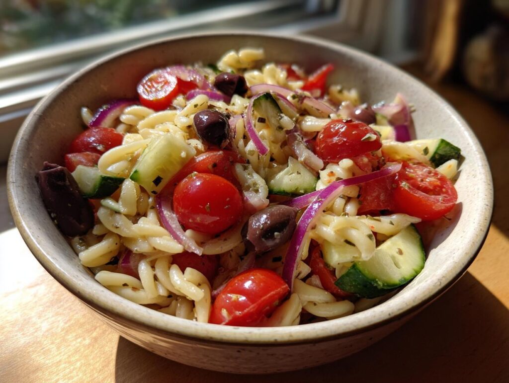 Close-up of a bowl of pasta salad easy simple with tomatoes, cucumbers, olives, and red onion.