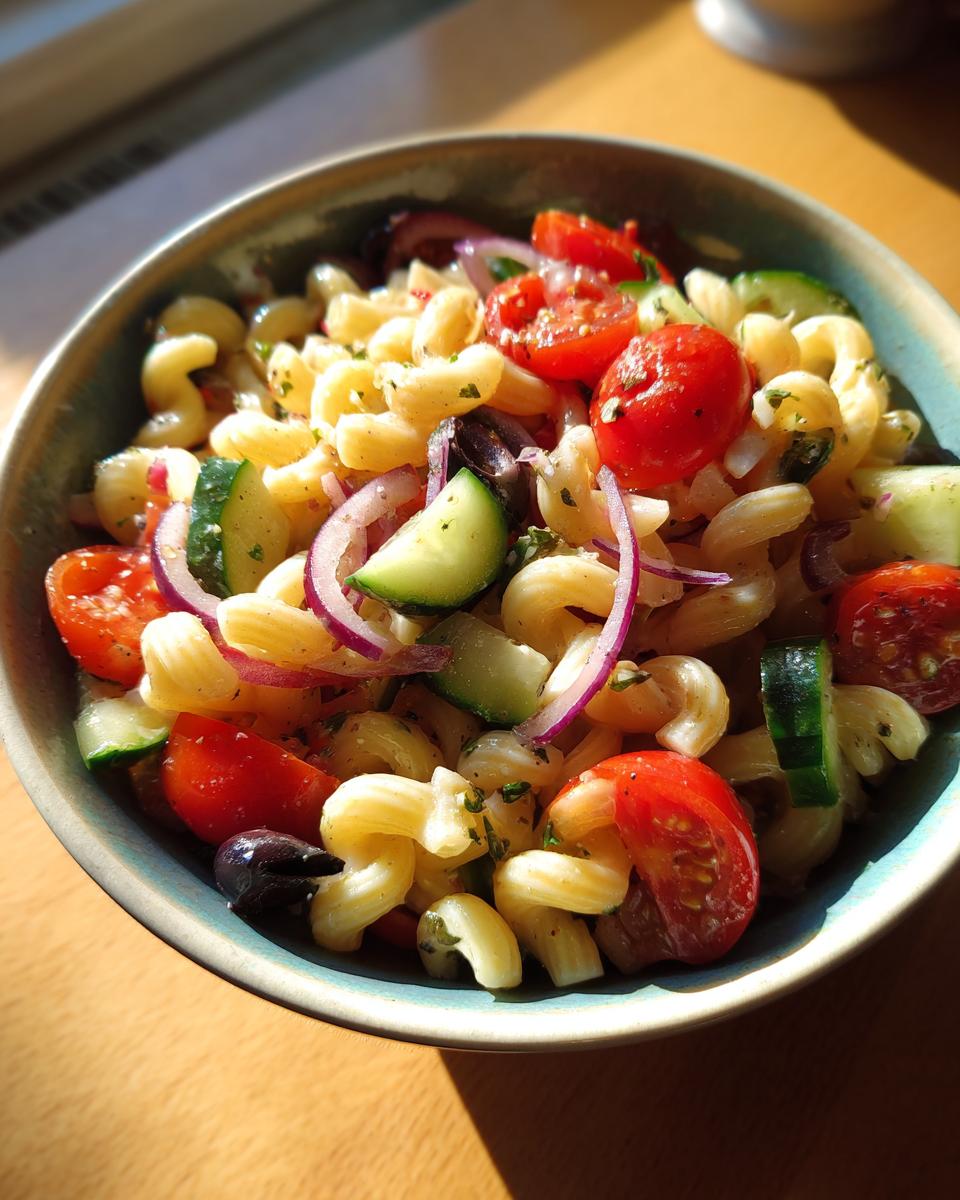 Close-up of a bowl of pasta salad easy simple with tomatoes, cucumbers, and red onion.
