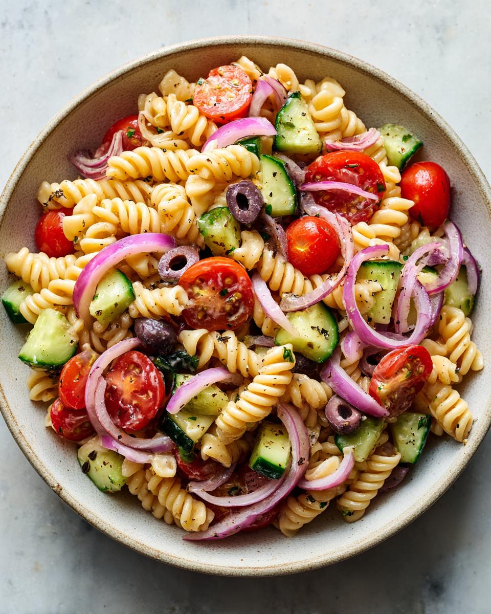 Overhead shot of a delicious pasta salad easy simple recipe with tomatoes, cucumbers, olives, and red onion.
