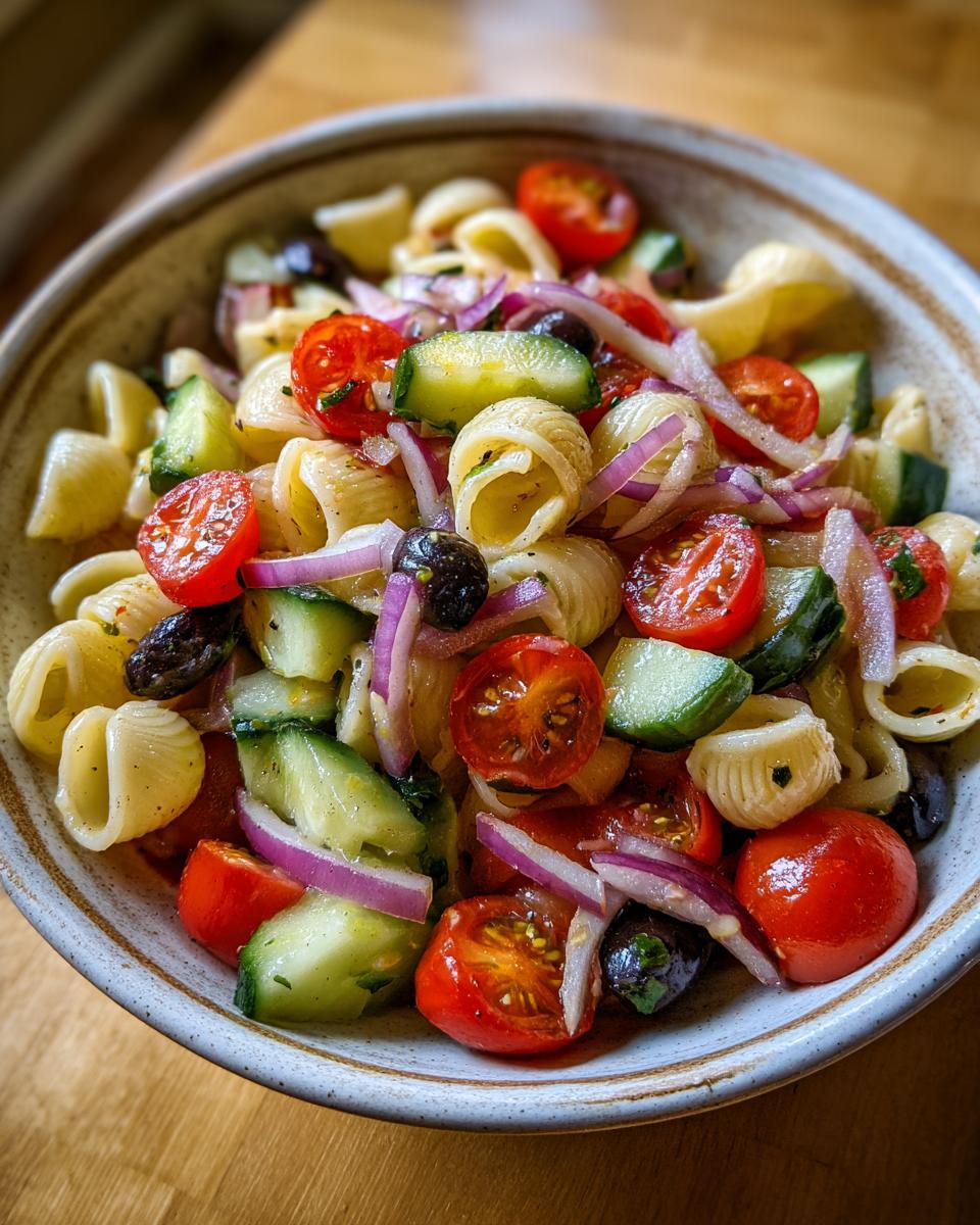 Close-up of a bowl of pasta salad easy simple with tomatoes, cucumbers, olives, and red onion.