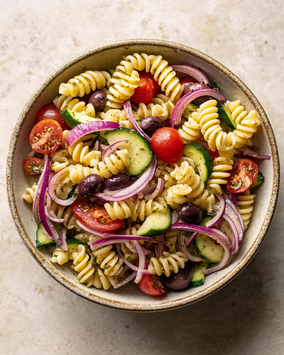 Overhead shot of a delicious pasta salad easy simple recipe with tomatoes, cucumbers, olives, and red onion.