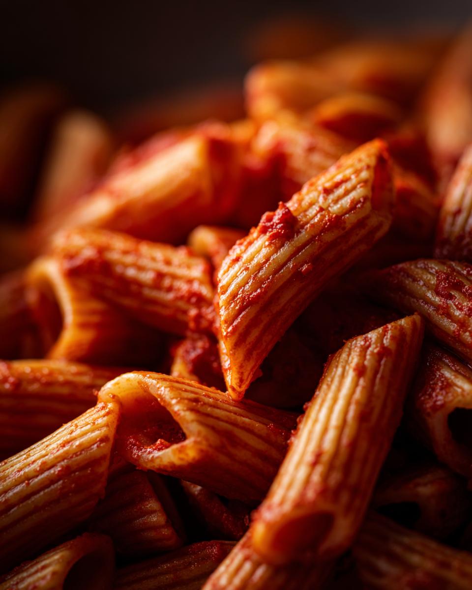 Close-up of penne pasta coated in tomato sauce, part of a pasta salad easy recipe.