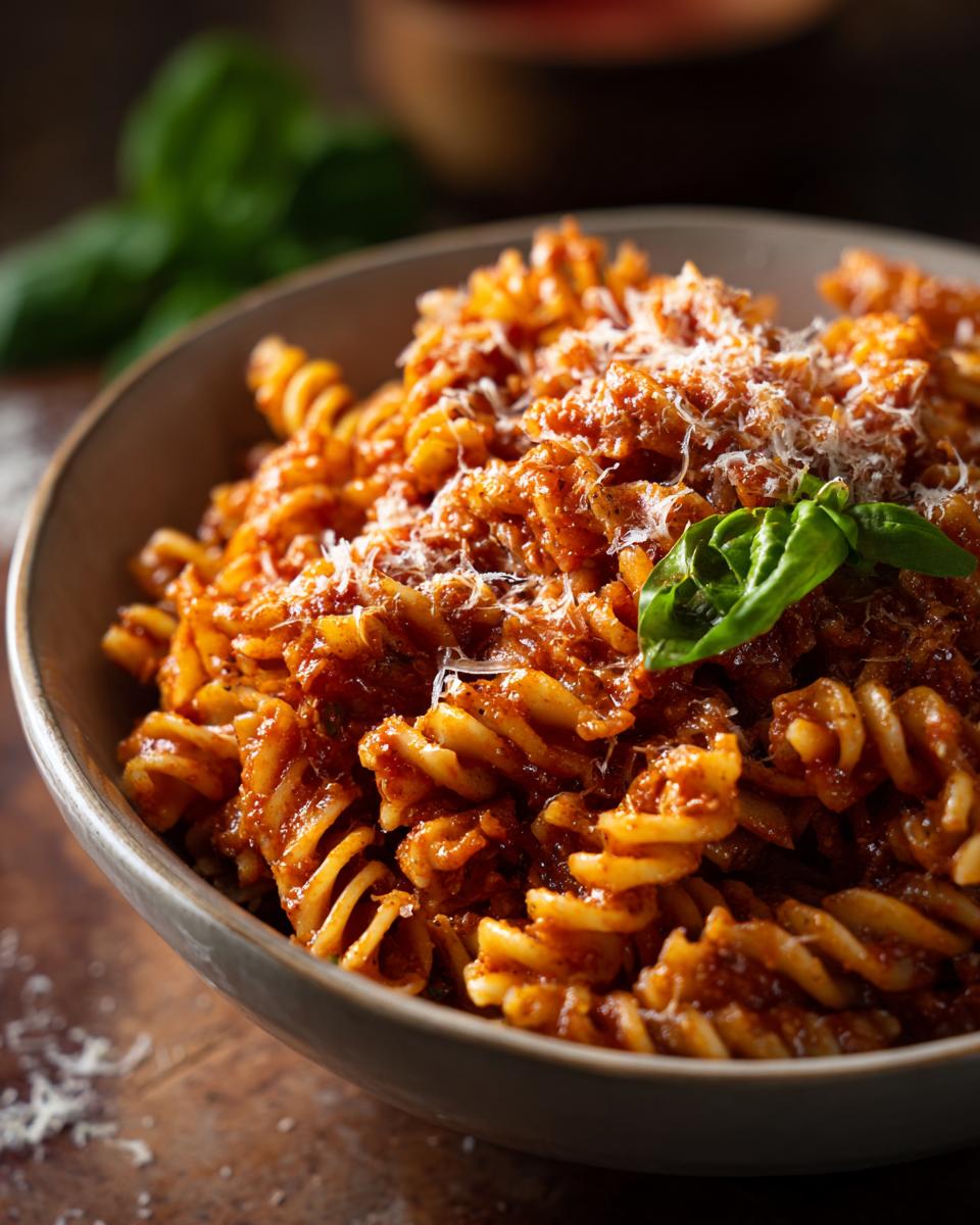 Close-up of pasta salad easy with tomato sauce, basil, and parmesan cheese.
