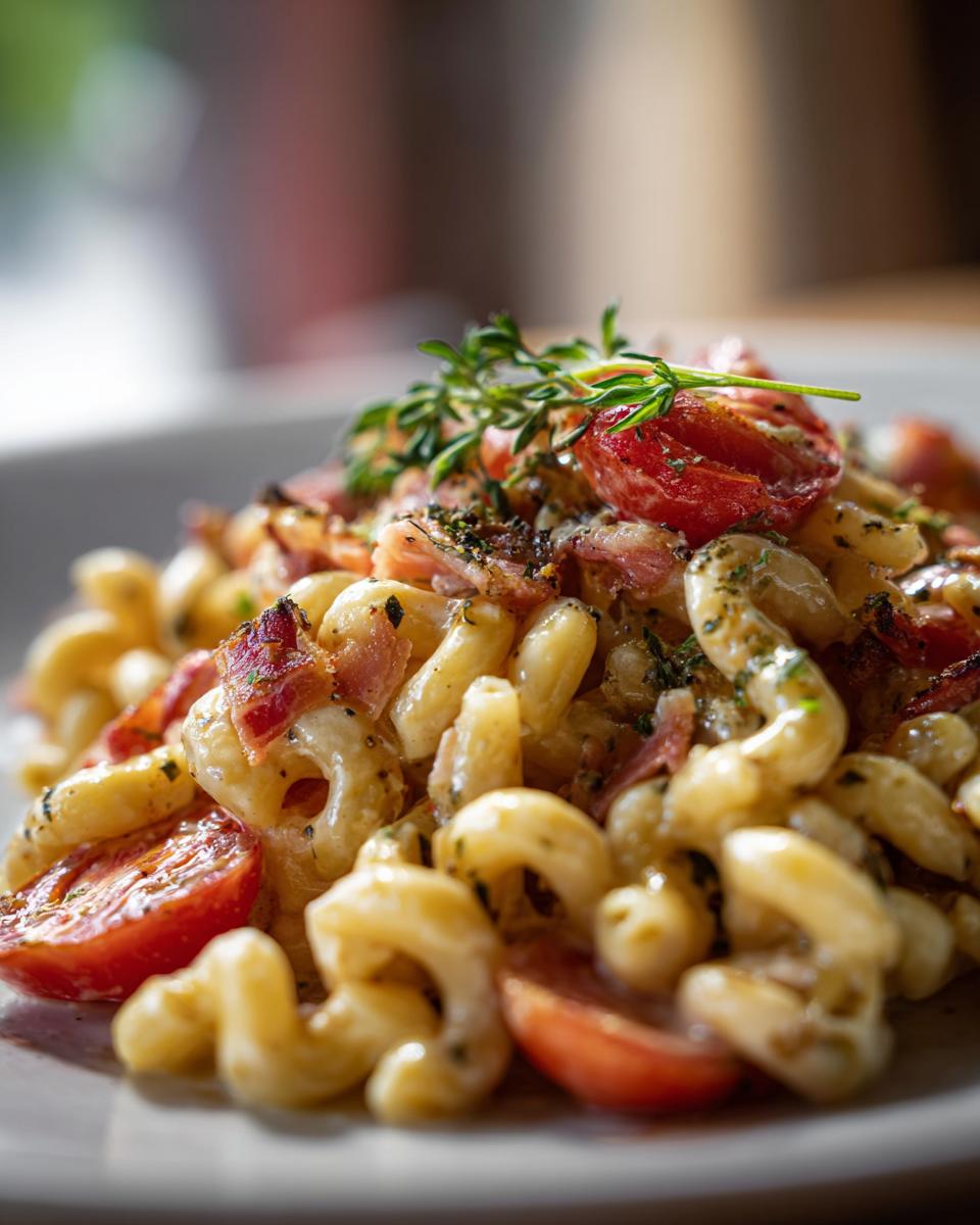 Close-up of a pasta salad easy with tomatoes, bacon, and herbs.