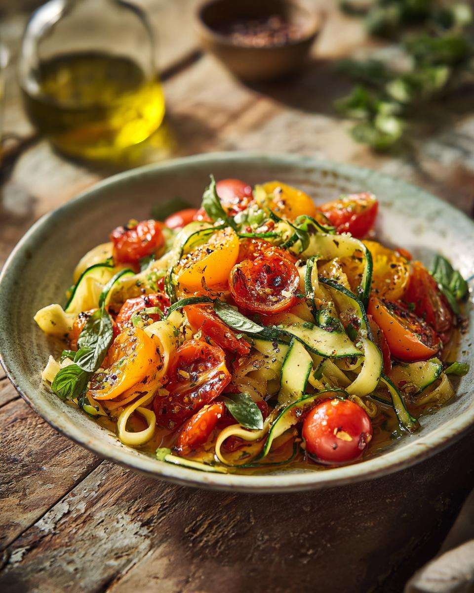 Close-up of a pasta salad easy recipe with cherry tomatoes, zucchini, and basil.