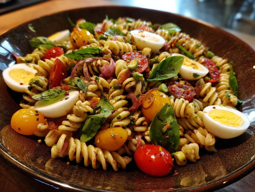 Close-up of a vibrant pasta salad easy recipe with pasta, eggs, and tomatoes.