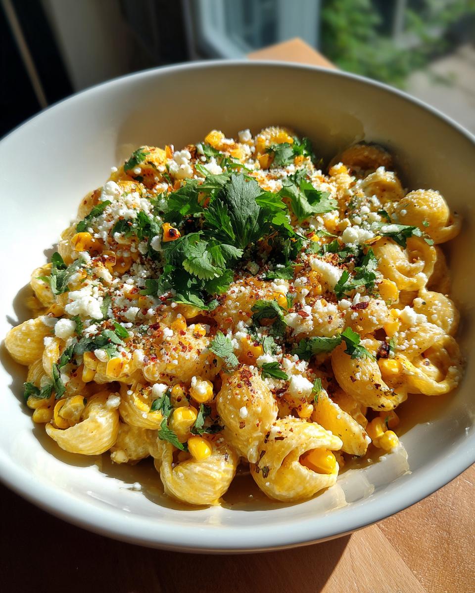 Close-up of a bowl of pasta salad elote with corn, cotija cheese, cilantro, and chili flakes.