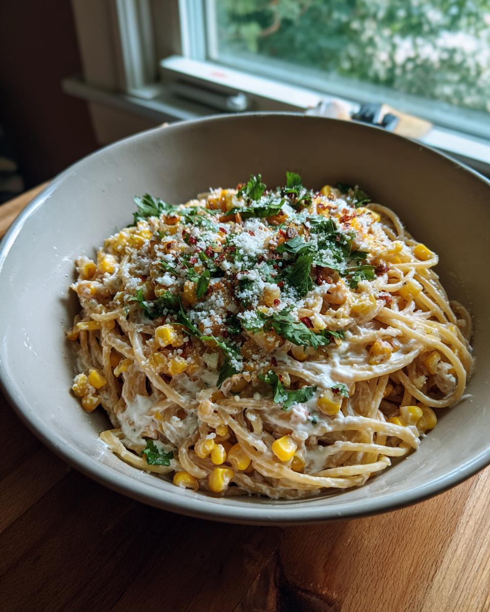 Close-up of a bowl of pasta salad elote, with corn, cheese, and herbs.