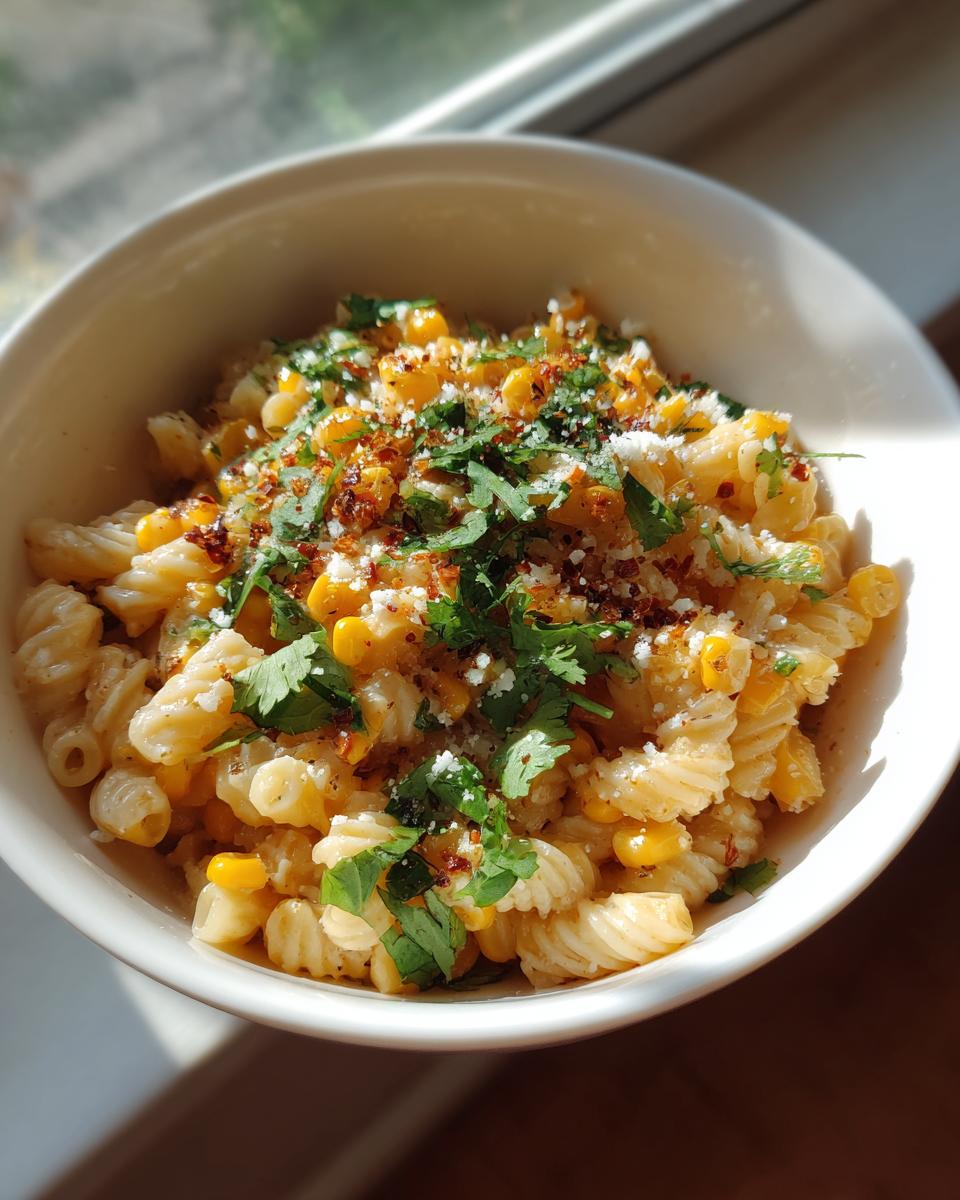 Close-up of pasta salad elote in a white bowl, with corn, cilantro, and cheese.