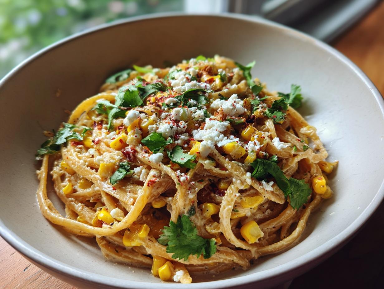 Close-up of a bowl of pasta salad elote, with corn, cotija cheese, and cilantro.