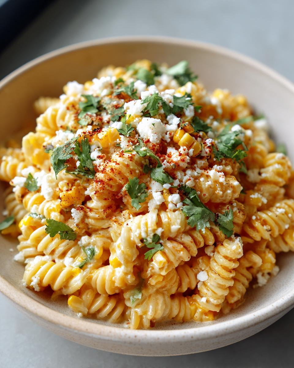 Close-up of a bowl of pasta salad elote with corn, cotija cheese, and cilantro.