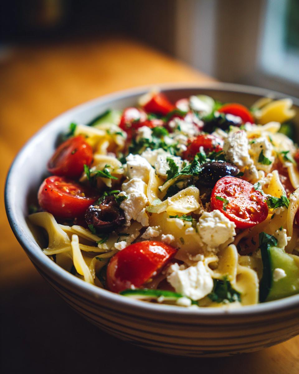 Close-up of a bowl filled with pasta salad feta, tomatoes, olives, and herbs.