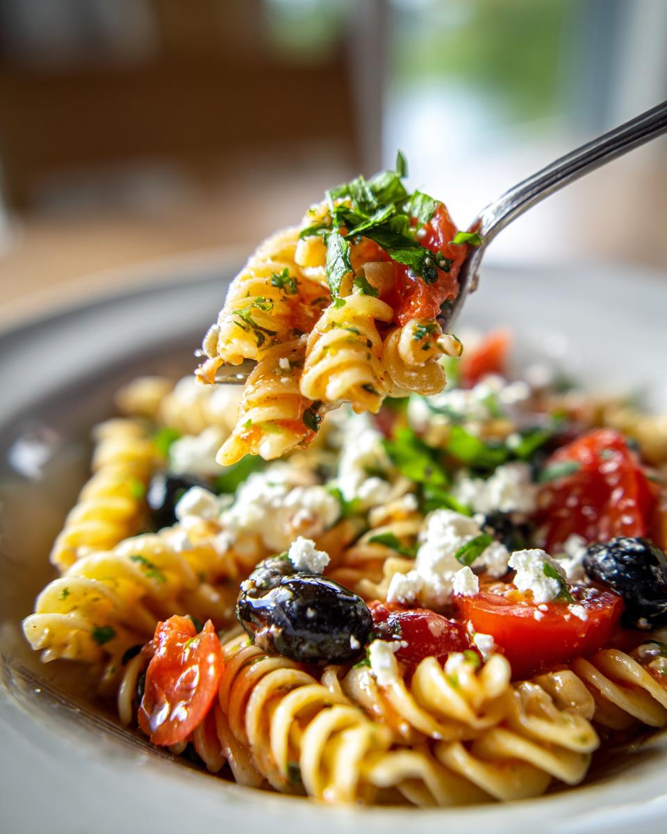 Close-up of pasta salad feta with tomatoes, olives, and feta cheese on a fork.