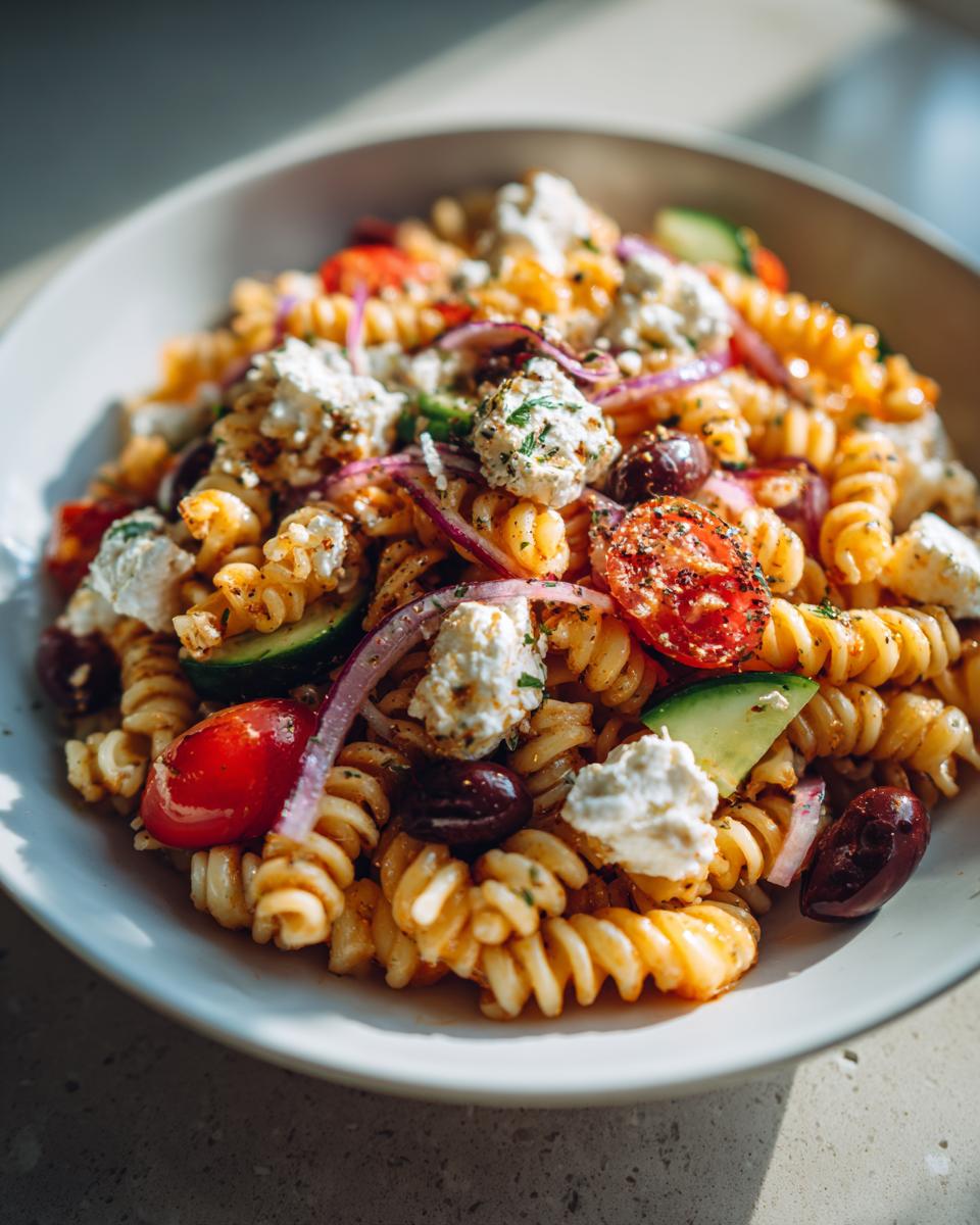 Close-up of pasta salad feta with tomatoes, olives, cucumber, and red onion.