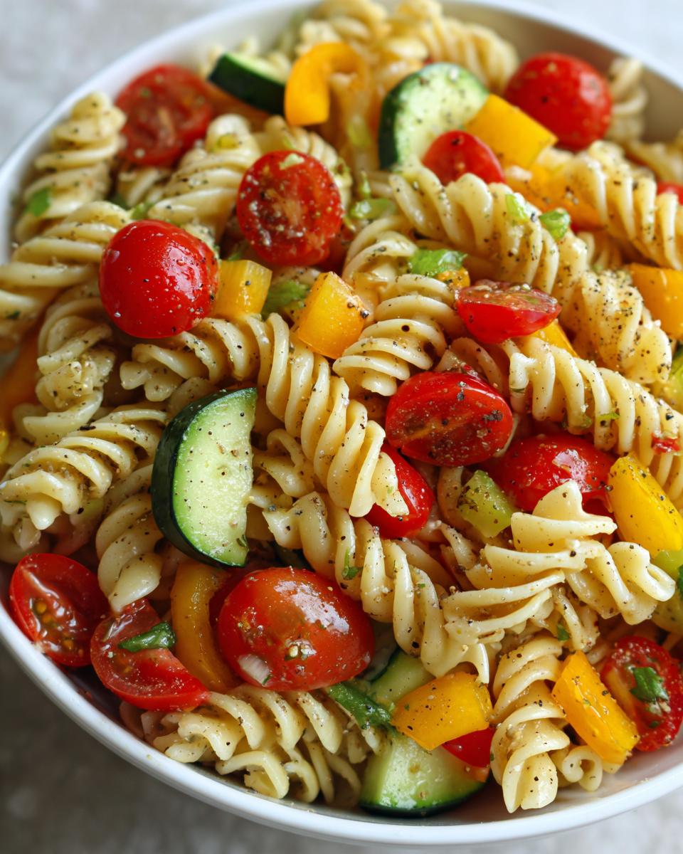 Close-up of a vibrant pasta salad for lunch with tomatoes, zucchini, and bell peppers; the perfect pasta salad for lunch.