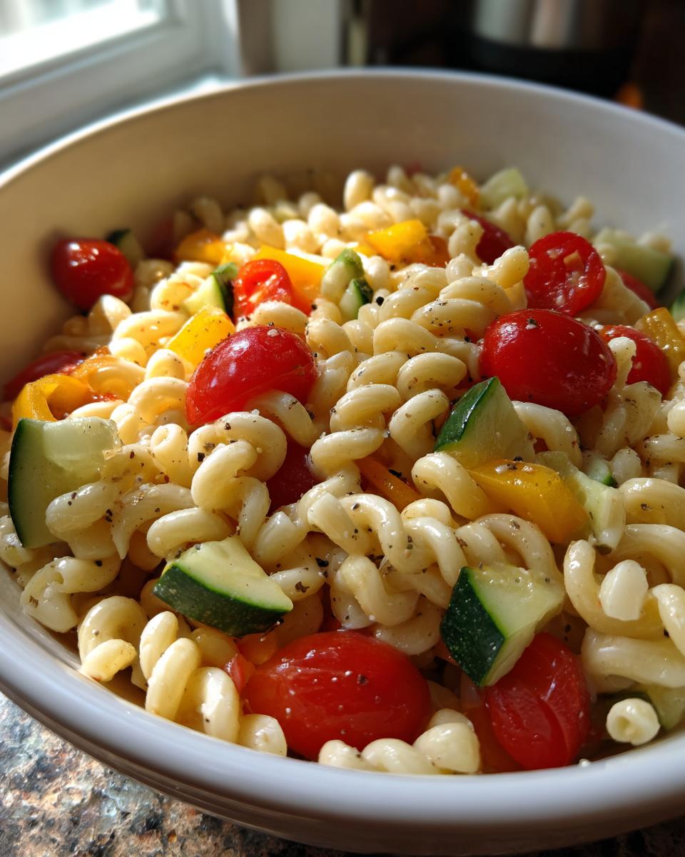 Close-up of a bowl of pasta salad for lunch with tomatoes, cucumber, and bell peppers. This is a delicious pasta salad for lunch.