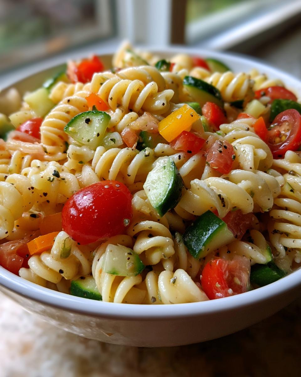 Close-up of a bowl of pasta salad for lunch with tomatoes, cucumbers, and peppers.