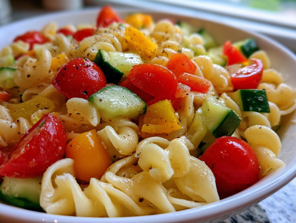 Close-up of a bowl of pasta salad for lunch with tomatoes, cucumbers, and peppers.
