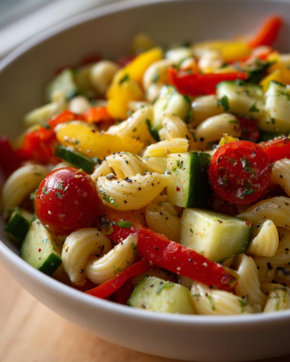 Close-up of a bowl of pasta salad for lunch with tomatoes, cucumbers, and bell peppers.
