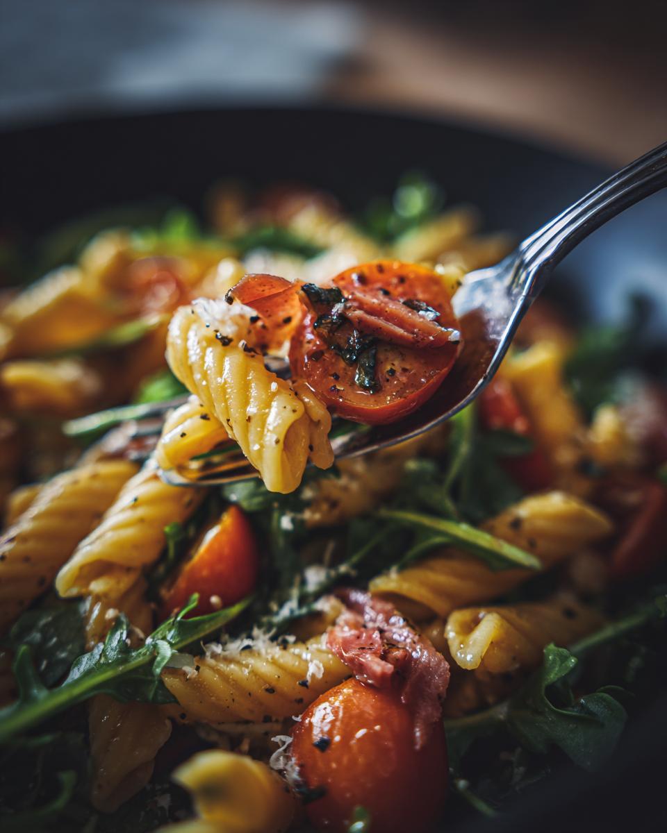 Close-up of pasta salad with tomatoes, arugula, and cheese on a fork. Learn how do you make pasta salad.