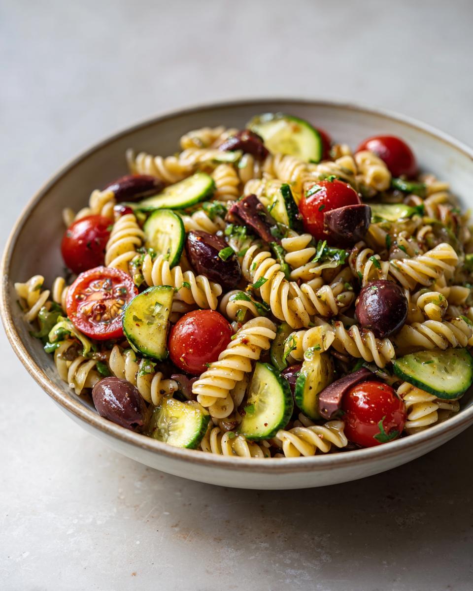 Close-up of a bowl of pasta salad gluten free with tomatoes, olives, and cucumbers.