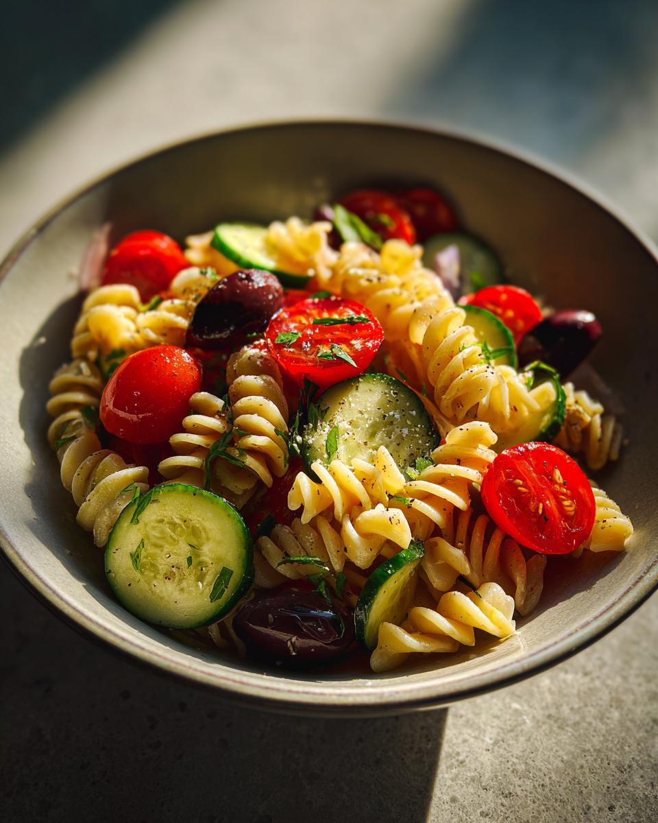 Close-up of a bowl of gluten free pasta salad with tomatoes, cucumbers, and olives.