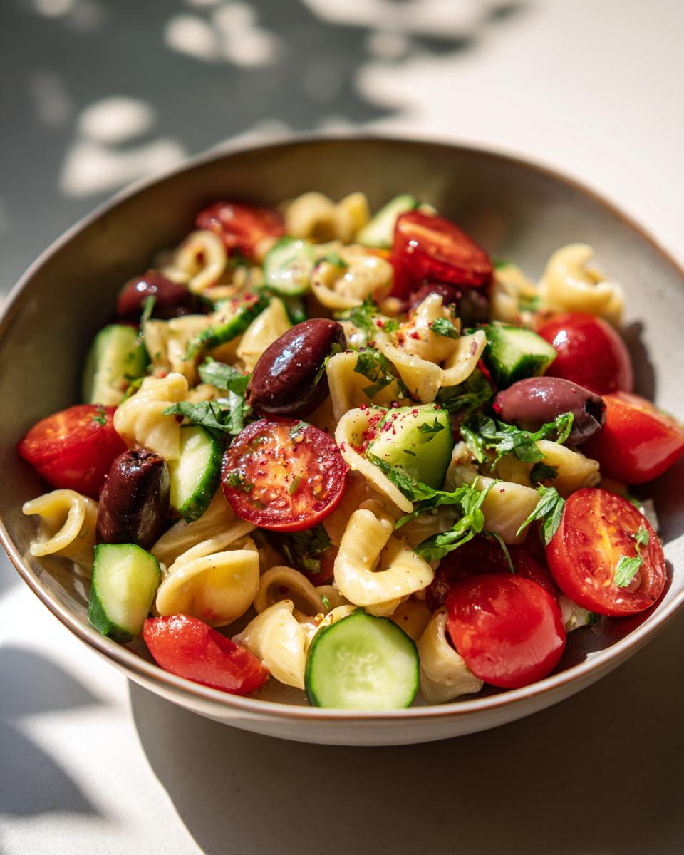 Close-up of a bowl of pasta salad gluten free with tomatoes, cucumbers, olives, and herbs.