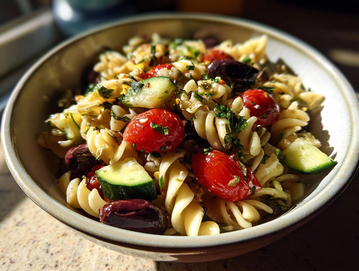 Close-up of a bowl of pasta salad gluten free with tomatoes, zucchini, olives, and herbs.
