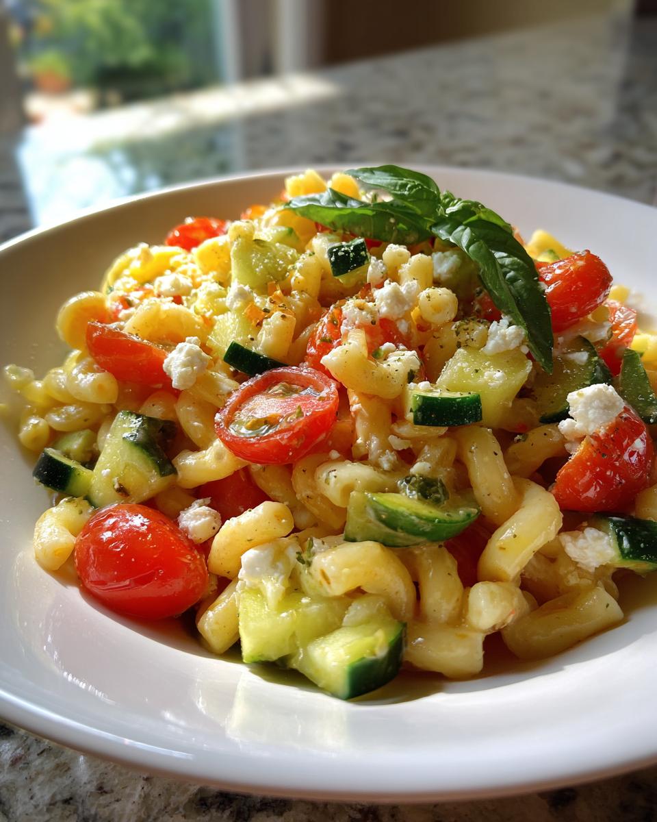 Close-up of a pasta salad goat cheese with tomatoes, cucumbers, and basil.