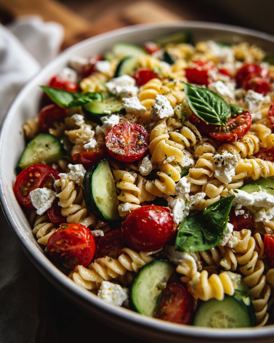 Close-up of a vibrant pasta salad goat cheese with tomatoes, cucumbers, and basil.