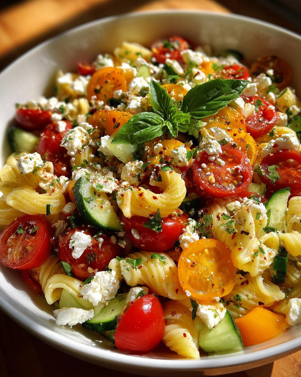 Close-up of a vibrant pasta salad goat cheese with tomatoes, cucumbers, and basil.