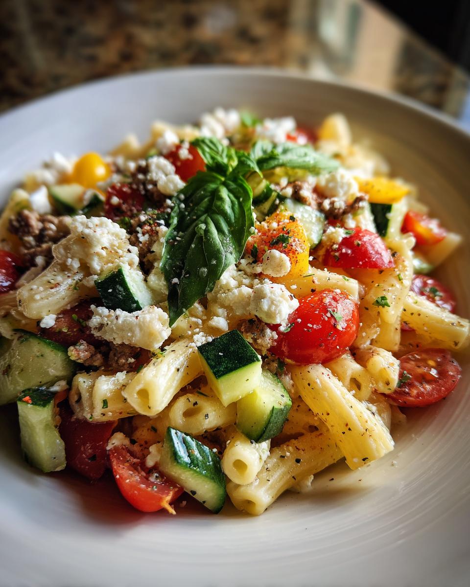Close-up of a pasta salad goat cheese with tomatoes, cucumbers, and basil.