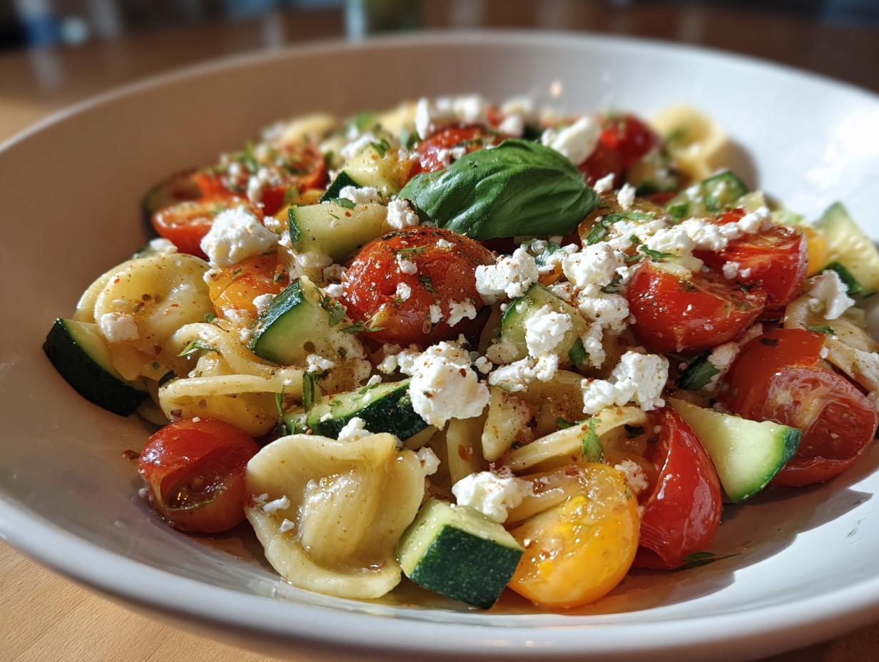 Close-up of a pasta salad goat cheese with tomatoes, zucchini, and basil.