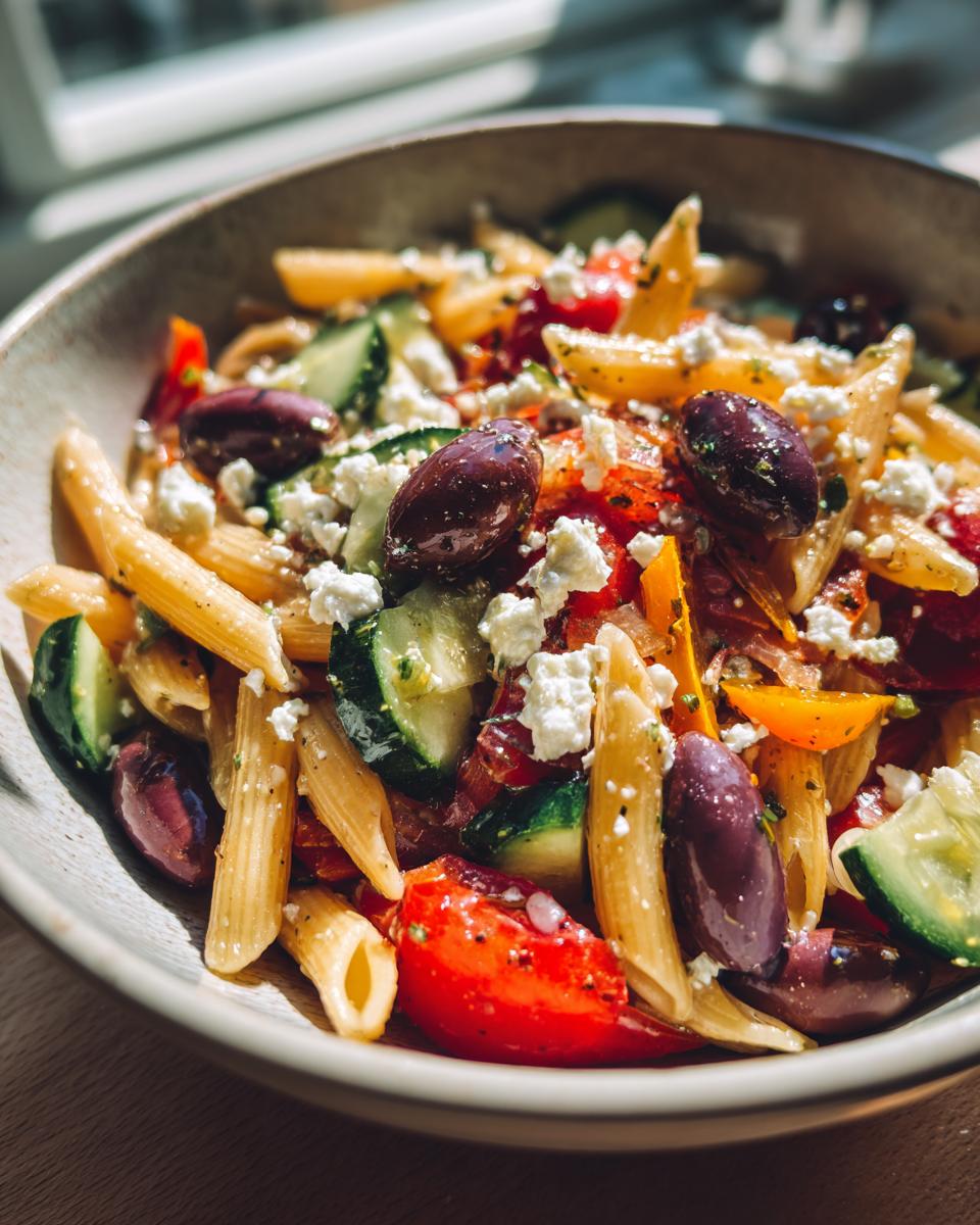 Close-up of a bowl of Greek pasta salad with penne pasta, olives, feta, and vegetables. The pasta salad greek looks fresh and inviting.