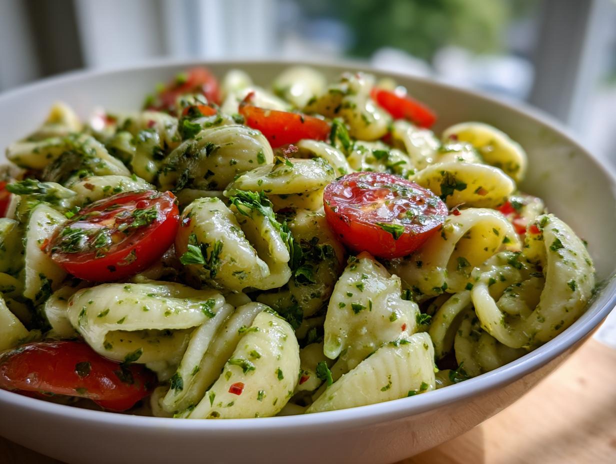Close-up of a bowl of pasta salad green goddess with tomatoes and herbs.